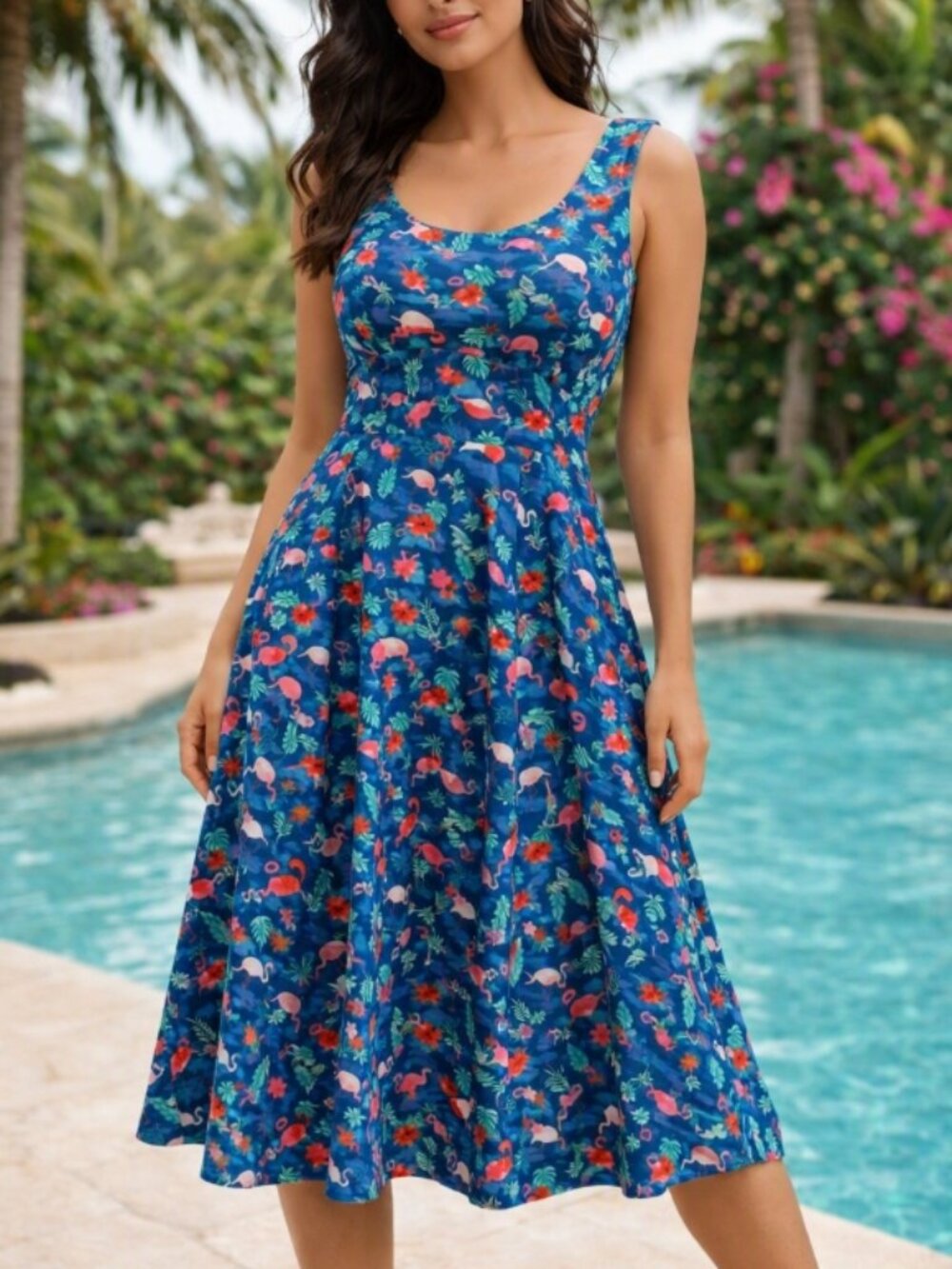 Handmade Tropical Flamingo Cotton Fit and Flare Dress XL Boho Resort Summer Blue